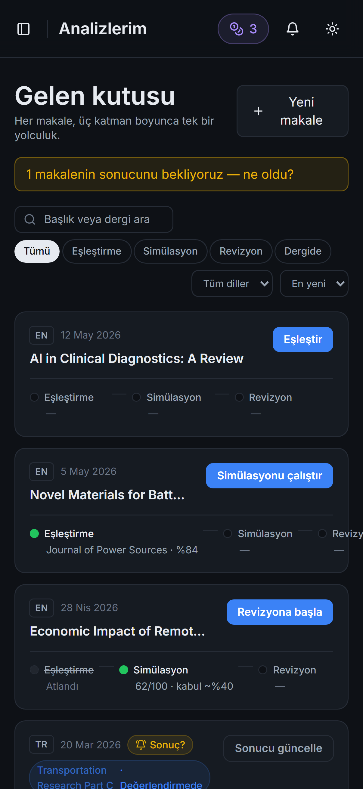 Analizlerim — mobilde makale listesi, durum ve eşleşen dergi