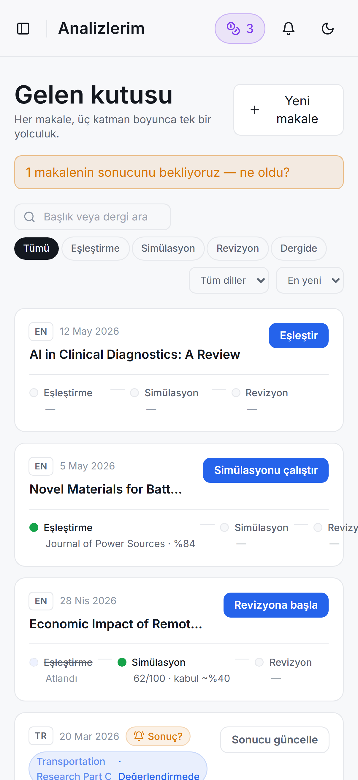 Analizlerim — mobilde makale listesi, durum ve eşleşen dergi